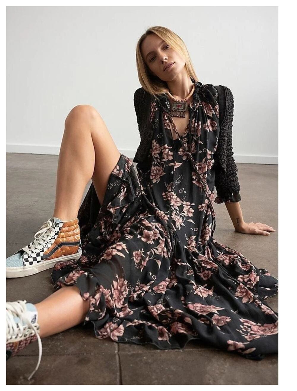 NEW FREE PEOPLE Feeling Groovy Floral-print Chiffon Maxi Dress Size Large